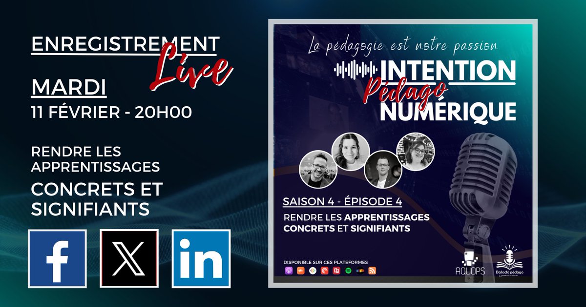 Sylvain Duclos | PROF (@sylvainduclos2) on Twitter photo S04E04
#IntentionPedagonumerique 🎙️
Enregistrement LIVE ce mardi
11 février - 20h00
Rendre les apprentissages concrets et signifiants
Avec <a href="/merciermathieu5/">Mathieu Mercier</a>
<a href="/Demersm81/">Marie-Hélène Demers</a> et Myra Auvergnat
Membre #BaladoPedago S04E04
#IntentionPedagonumerique 🎙️
Enregistrement LIVE ce mardi
11 février - 20h00
Rendre les apprentissages concrets et signifiants
Avec <a href="/merciermathieu5/">Mathieu Mercier</a>
<a href="/Demersm81/">Marie-Hélène Demers</a> et Myra Auvergnat
Membre #BaladoPedago