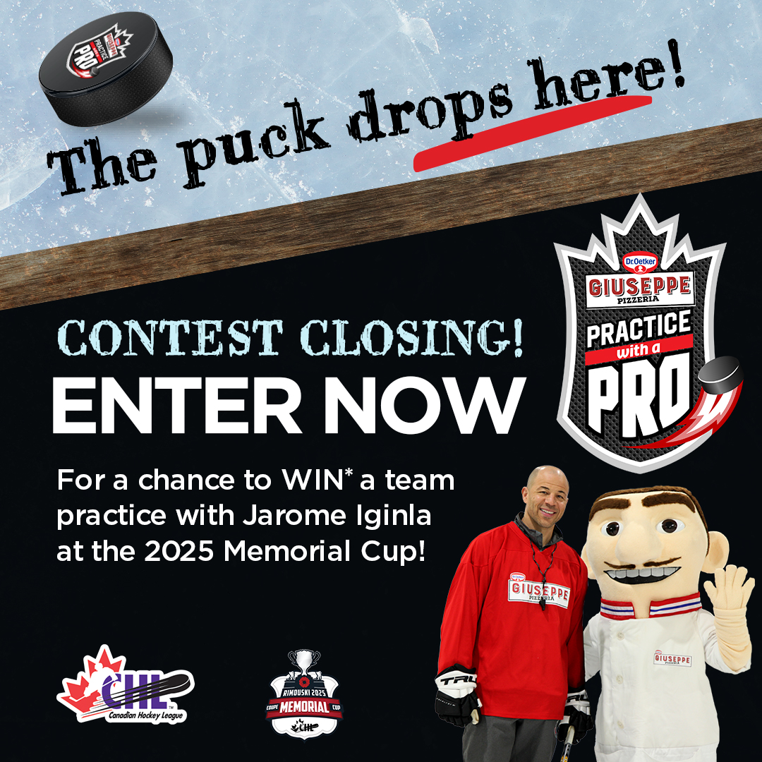 CHLHockey's tweet photo. Oh Canada! 🇨🇦 Your team could practice with hockey legend Jarome Iginla at the 2025 #MemorialCup! 🍕 🏒 Don’t miss your shot — contest closes Feb 28.
Enter now: https://t.co/WVG2rAGEUE *Rules apply. #PracticewithAPro #Giuseppe #Pizza https://t.co/jejkt8niYy