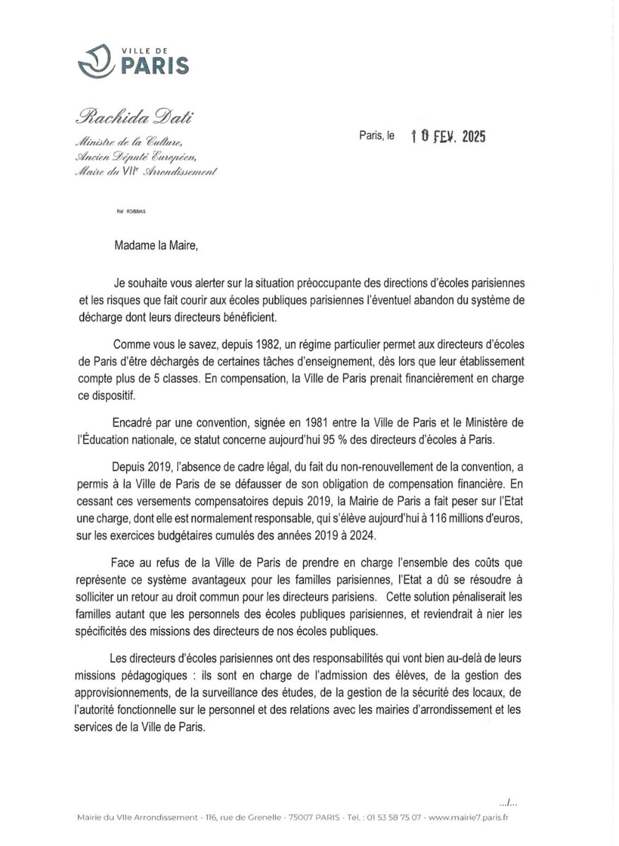 datirachida's tweet image. ⚠️Depuis 2019, la Ville a cessé d’assumer le coût des décharges d’enseignement pour les directions d’école parisiennes.

➡️J’ai saisi #AnneHidalgo pour que la Mairie de #Paris reprenne un dialogue constructif avec @education_gouv sur ce dispositif qui contribue à la qualité de…
