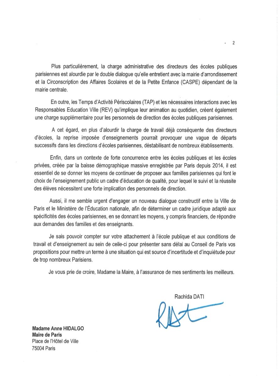 datirachida's tweet image. ⚠️Depuis 2019, la Ville a cessé d’assumer le coût des décharges d’enseignement pour les directions d’école parisiennes.

➡️J’ai saisi #AnneHidalgo pour que la Mairie de #Paris reprenne un dialogue constructif avec @education_gouv sur ce dispositif qui contribue à la qualité de…
