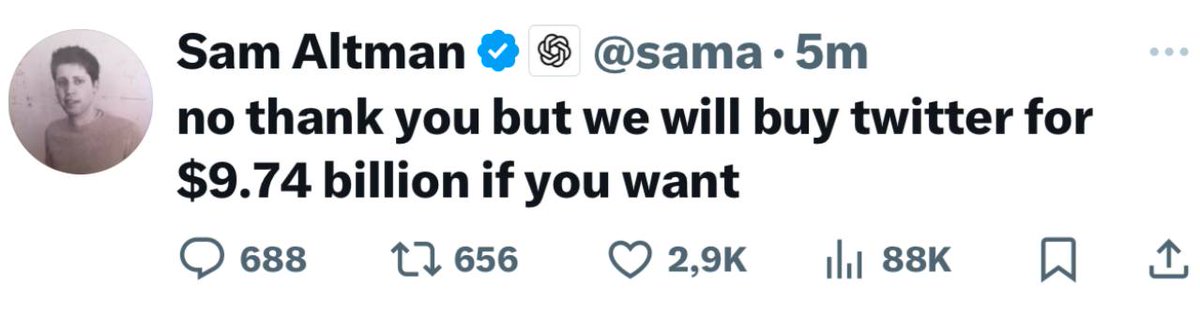 🟡"Sam Altman rifiuta l'offerta di Musk e lancia la sfida: OpenAI pronta a comprare Twitter per 9,74 miliardi"