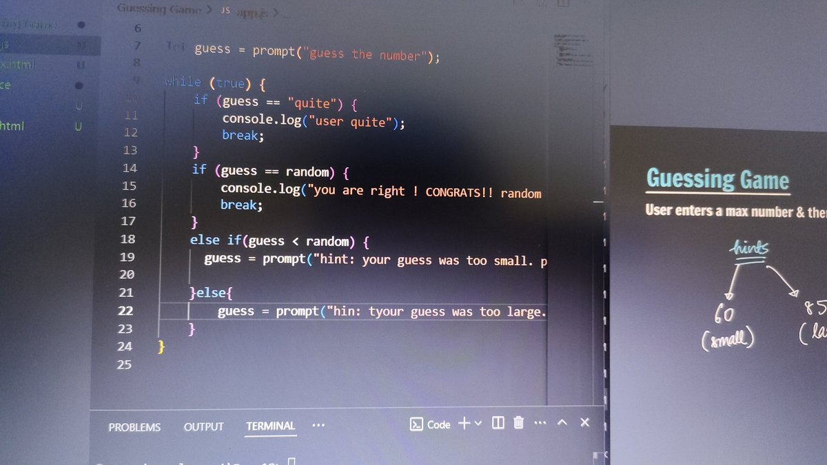 :

🚀 #Day23 of my Dev Journey: Leveling Up JavaScript with a Fun Guessing Game! 🎮

Today, I’m diving deeper into JavaScript by building a guessing game. It’s been a great way to practice core concepts like loops, conditionals, and random number generation in a real-world.