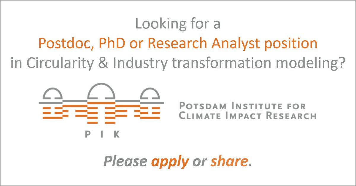 Falko Ueckerdt (@falkoueckerdt) on Twitter photo Job: Circularity & industry transformation
Do you want to learn conducting material flow analyses and modeling of transformation scenarios?
<a href="/PIK_Climate/">Potsdam Institute for Climate Impact Research PIK</a> is a renowned institute with broad impact - and a beautiful location near Berlin
All info here: tinyurl.com/24udxdkv Job: Circularity & industry transformation
Do you want to learn conducting material flow analyses and modeling of transformation scenarios?
<a href="/PIK_Climate/">Potsdam Institute for Climate Impact Research PIK</a> is a renowned institute with broad impact - and a beautiful location near Berlin
All info here: tinyurl.com/24udxdkv