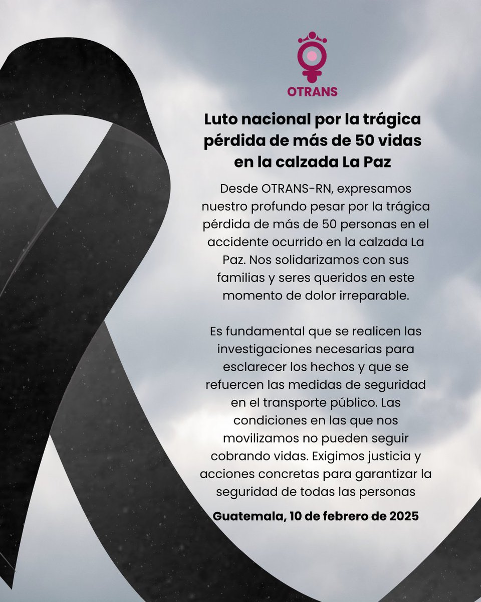 🖤 Desde OTRANS-RN lamentamos profundamente la pérdida de de vidas en el trágico accidente en la calzada La Paz. Nos solidarizamos con sus familias y exigimos investigaciones y medidas que garanticen un transporte seguro para todas las personas. 🕊️ #JusticiaParaLasVíctimas