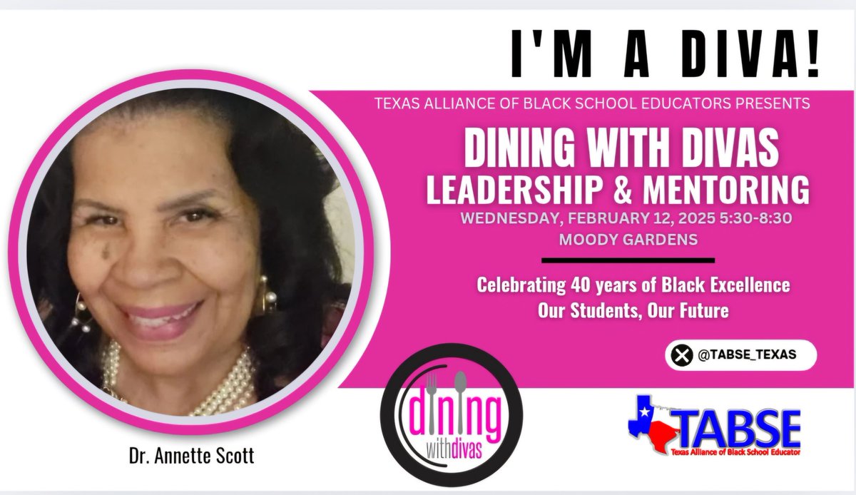 TABSE Dining With Divas (@dwdivas14) on Twitter photo Meet the Diva! Dr. Annette Scott has dedicated 50+ years to education, impacting students at every level. As Asst. Superintendent at Galveston ISD, she’s a champion for curriculum & student success. Don’t miss her at #DWD25!
<a href="/TABSE_Texas/">TABSE_Texas</a>
🎟️Tickets: bit.ly/4aMAcQN Meet the Diva! Dr. Annette Scott has dedicated 50+ years to education, impacting students at every level. As Asst. Superintendent at Galveston ISD, she’s a champion for curriculum & student success. Don’t miss her at #DWD25!
<a href="/TABSE_Texas/">TABSE_Texas</a>
🎟️Tickets: bit.ly/4aMAcQN