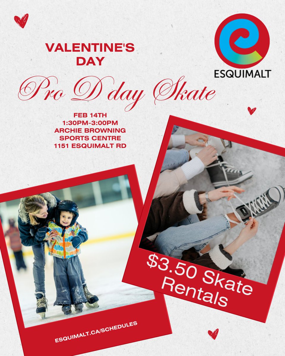 Esquimalt Recreation (@esquimaltrec) on Twitter photo Join us Feb 14th for our Valentines Day Pro D day skate. The skate will run 1:30pm-3:00pm at Archie Browning Sports Centre. Skate rentals are limited and are provided on a first come first serve basis. For more information visit us at ow.ly/63uP50USPhT Join us Feb 14th for our Valentines Day Pro D day skate. The skate will run 1:30pm-3:00pm at Archie Browning Sports Centre. Skate rentals are limited and are provided on a first come first serve basis. For more information visit us at ow.ly/63uP50USPhT
