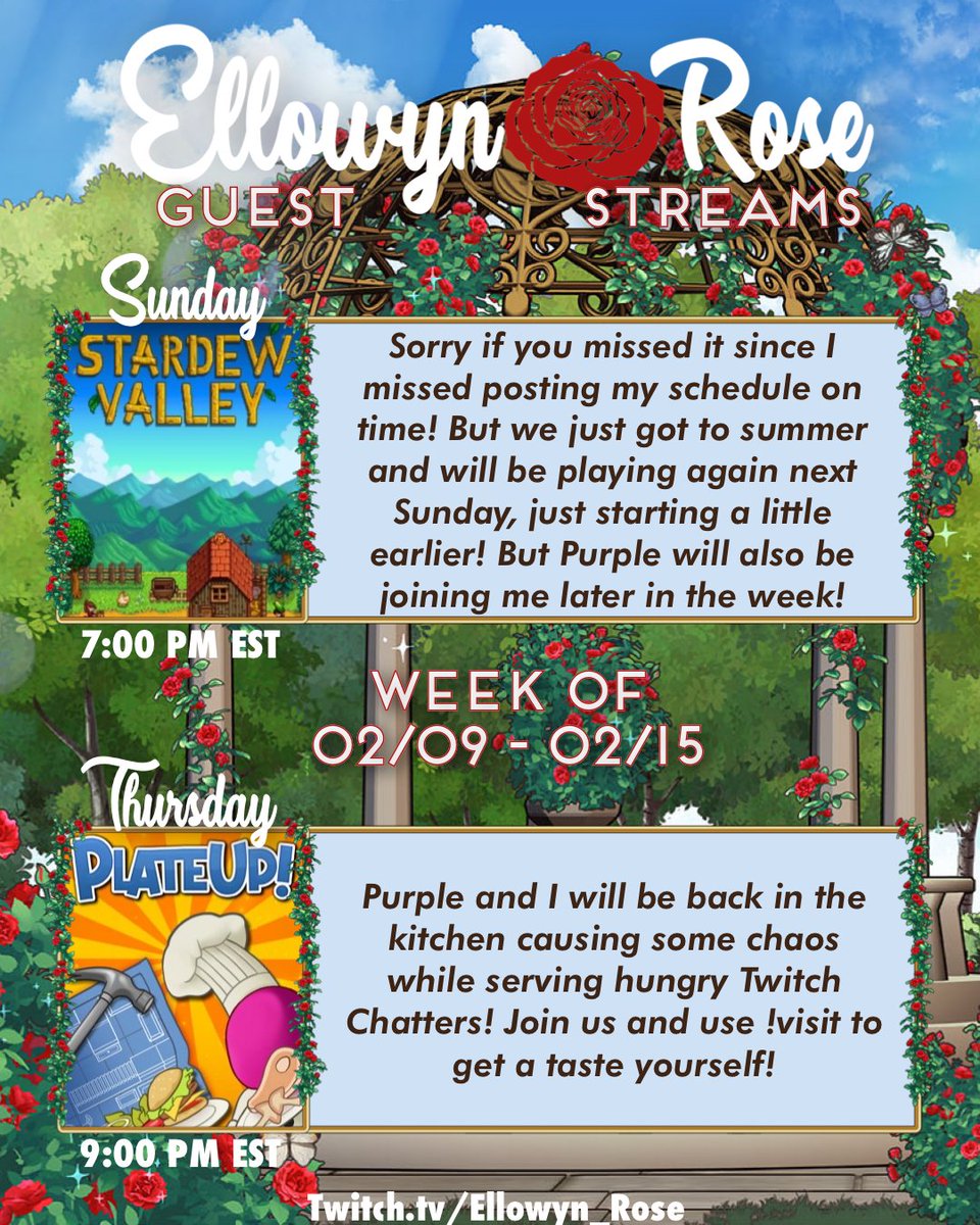 Ellowyn_Rose's tweet photo. Twitters lack of characters can be so tough!

Sun, Feb 9th @ 7PM EST | Stardew Valley
Mon, Feb 10th @ 9:30PM EST | Encanto
Tue, Feb 11th @ 9PM EST | DotAGE
Wed, Feb 12th @ 11PM EST | Bed Time Stories
Thu, Feb 13th @ 9PM EST | Plate Up
Sat, Feb 15th @ 9PM EST | Sims https://t.co/i04snIRZqX