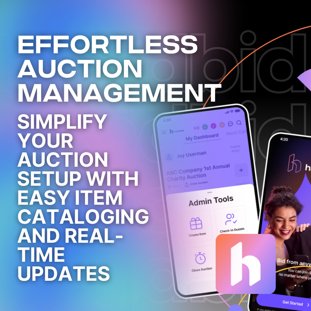 Say goodbye to complicated setups! Handbid makes auction management a breeze with easy item cataloging and real-time updates. 🎉 Keep the action exciting, your bidders engaged, and your fundraising goals on track.

Simplify. Engage. Succeed.