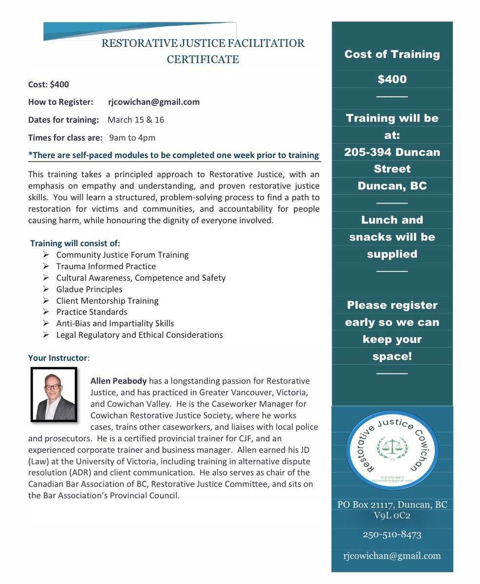 Restorative Justice ⚖️ Training - March 15th &amp; 16th, register early to guarantee your spot.