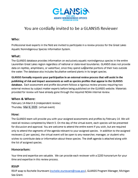 NOAA GLANSIS (@glansis_news) on Twitter photo Boosting for anyone who's still on this site: #GLANSIS needs your help as #AIS experts to review our species profiles + risk assessments! Please share with your networks and contact program manager Rochelle Sturtevant if interested. <a href="/NOAA_GLERL/">NOAA Great Lakes Environmental Research Laboratory</a> <a href="/CIGLR_UM/">CIGLR</a> <a href="/MidwestInvasive/">MISIN</a> Boosting for anyone who's still on this site: #GLANSIS needs your help as #AIS experts to review our species profiles + risk assessments! Please share with your networks and contact program manager Rochelle Sturtevant if interested. <a href="/NOAA_GLERL/">NOAA Great Lakes Environmental Research Laboratory</a> <a href="/CIGLR_UM/">CIGLR</a> <a href="/MidwestInvasive/">MISIN</a>