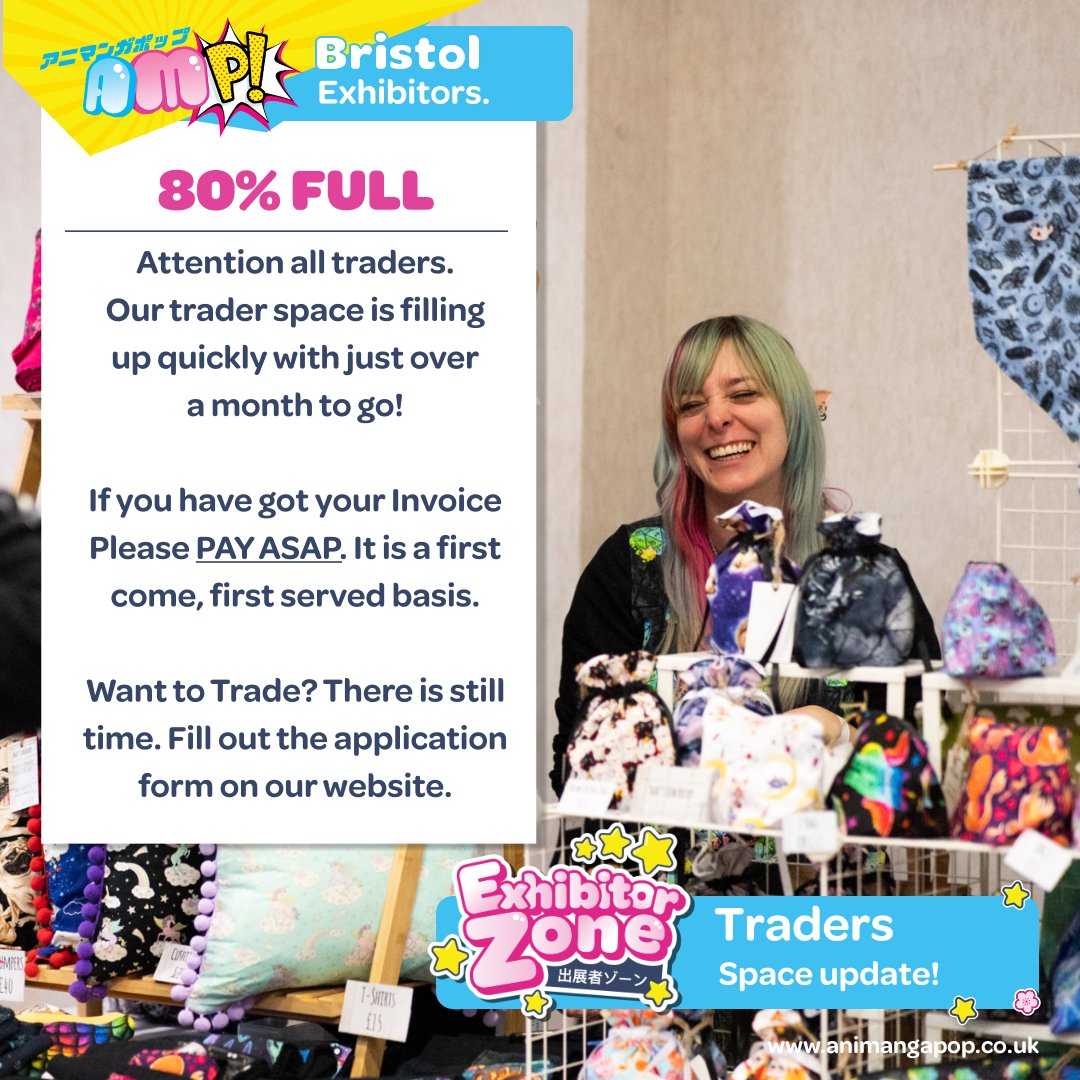 *BREAKING NEWS - LAST FEW TABLES REMAINING!!*

Trader Announcement 🛒📣
--
Time is running out for securing your spot at Animangapop Bristol this year! 😮

Get you space secured by paying in that invoice.💰

Want to trade? Sign-up at animangapop.co.uk/bristol

#BristolAnime