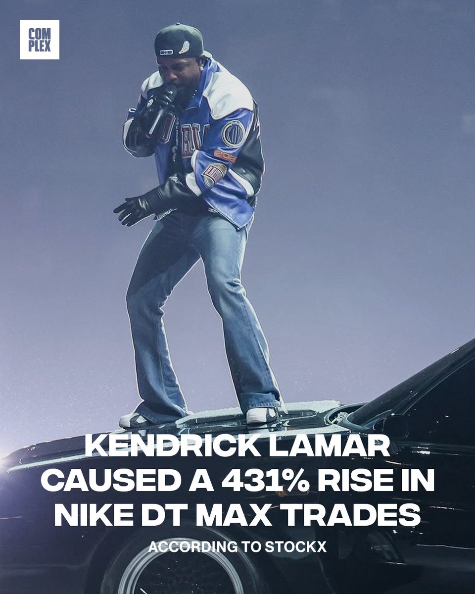 ComplexSneakers's tweet photo. Kendrick Lamar's Super Bowl halftime performance saw a meteoric rise in trades of the DT Max 96. @stockx reports a 431% increase on its platform alone.

The shoe has been in the spotlight a ton recently with @DeionSanders' return to Nike and the silhouette taking over the NFL in cleat form.

Add Kendrick's halftime show into the mix and it's even more fuel to the fire.
