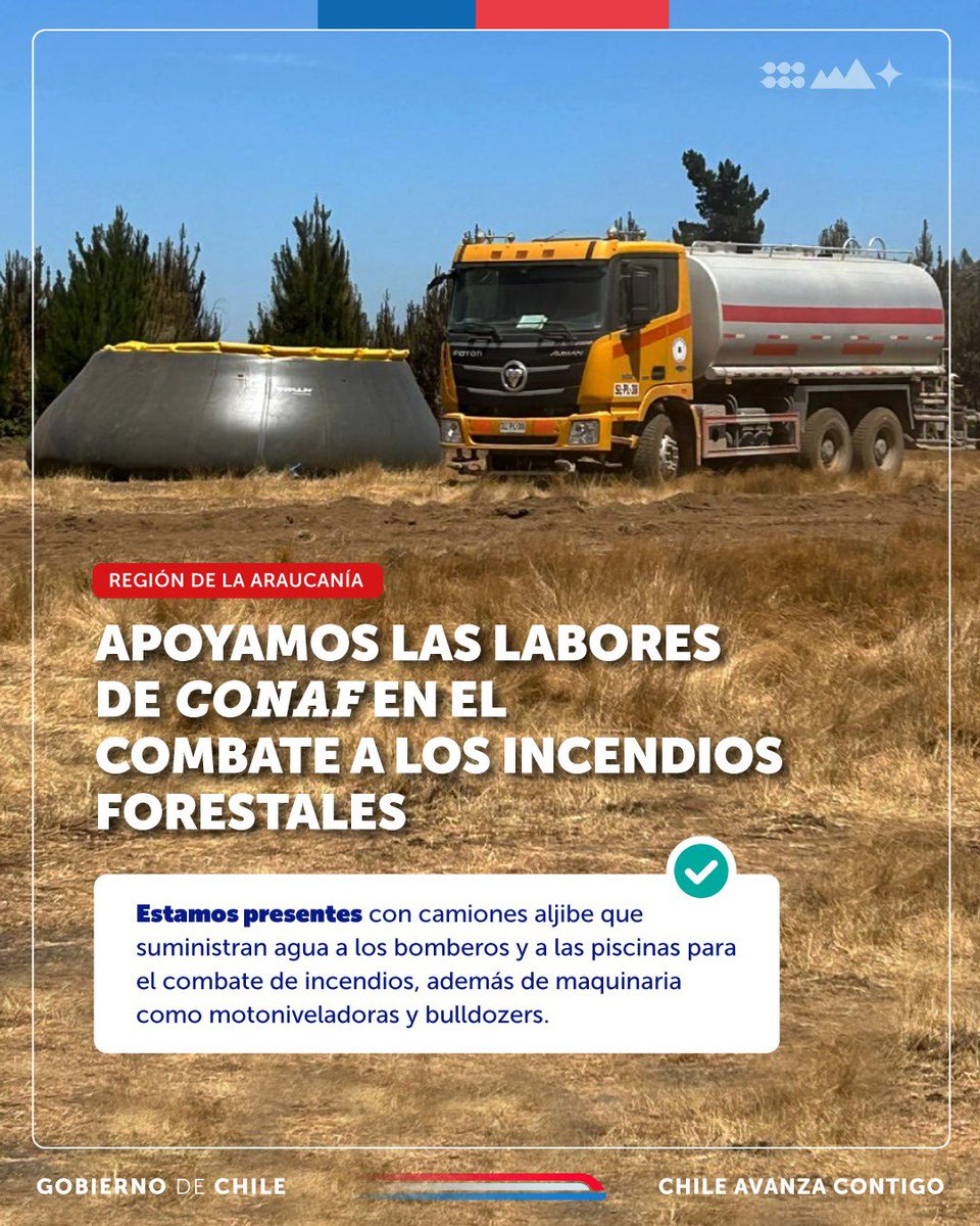 🚜 Apoyo a la Región de La Araucanía 🚫🔥 Estamos colaborando a <a href="/conaf_minagri/">CONAF - Corporación Nacional Forestal</a> en la provisión de maquinaria y una red de abastecimiento de agua para el combate de #incendios forestales.

✅ Se mantiene el monitoreo constante de la situación en las regiones.