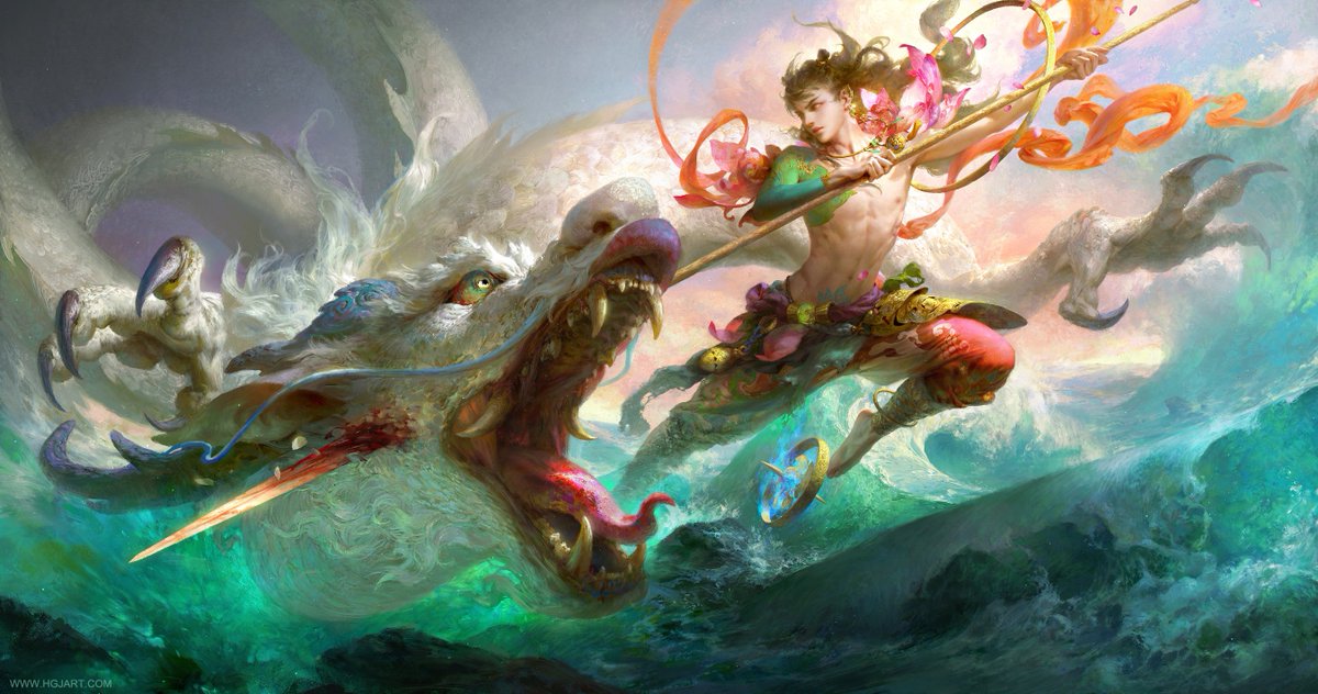 HgjArtt's tweet image. When leaving, he swallowed up his hatred, and when returning, he became a lotus.
Jade face and golden wheel, he killed Shura.
He was also a young man, and also a demon king, called Nezha.

Two paintings of &quot;Nezha&quot; I have painted