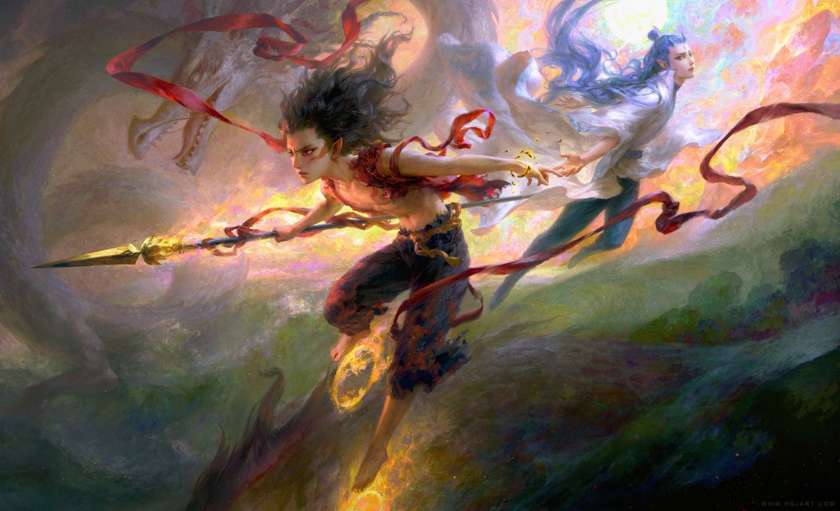 HgjArtt's tweet image. When leaving, he swallowed up his hatred, and when returning, he became a lotus.
Jade face and golden wheel, he killed Shura.
He was also a young man, and also a demon king, called Nezha.

Two paintings of &quot;Nezha&quot; I have painted