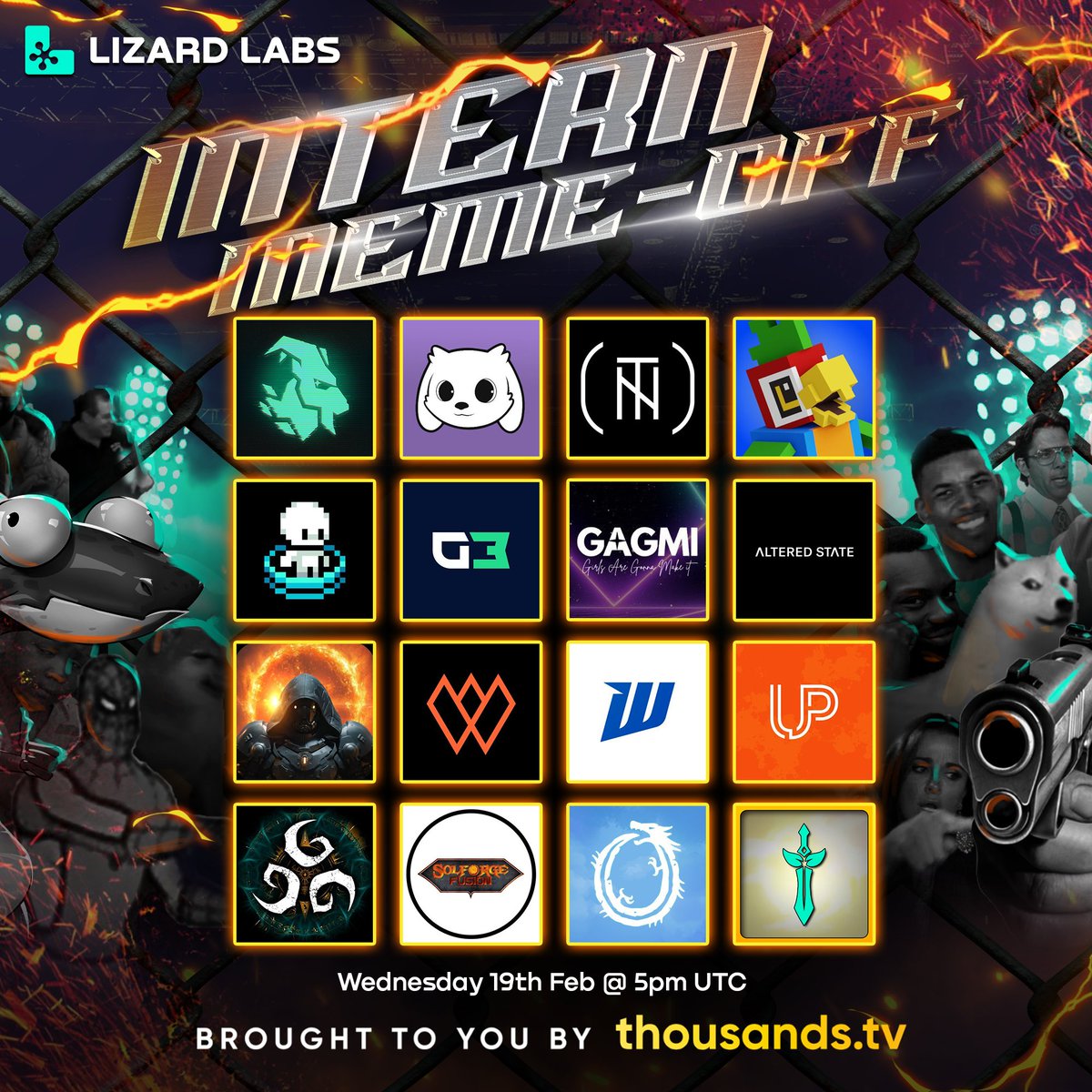 Ethlizards's tweet image. It’s Happening!

The Intern MEME Off is set for Wednesday, February 19th, at 5 PM UTC!🗓️

Interns will face off in a meme tournament like NEVER seen before.

Find out who will reign supreme live on Thousands.tv!

Here are the contenders representing their communities: