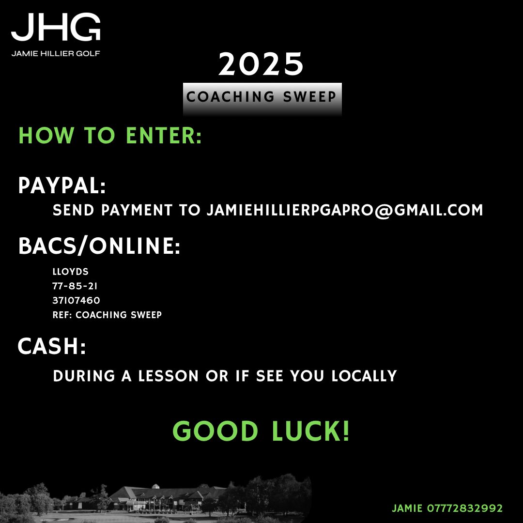 Delighted to share that the Coaching Sweep for 2025 is now open.

5 prizes available totalling over £1200.

How to enter is on the final slide.

If you have any questions please DM or message me at 07772832992.

Good luck,

Jamie
