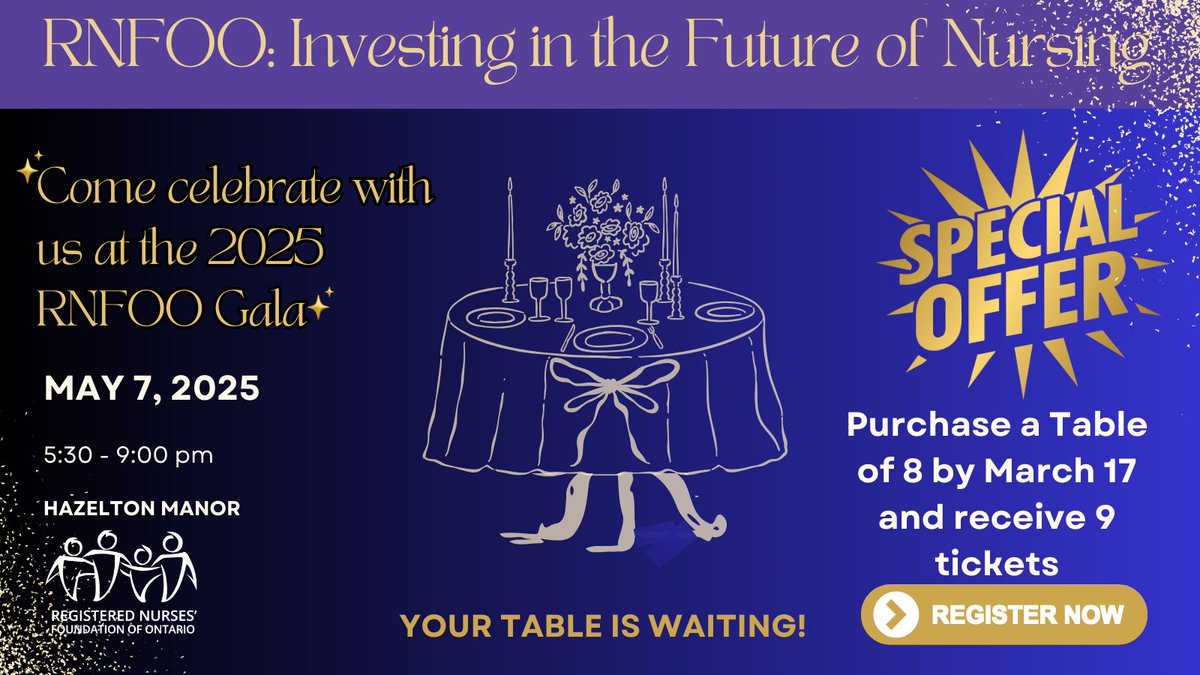 Join us at the 2025 RNFOO Gala!🌟 Purchase a Table of 8 by March 17 and get a BONUS ticket—9 for the price of 8! Your table awaits at Hazelton Manor! Don’t miss out! Visit our website for details: rnfoo.org/annual-gala/   #RNFOOGala #SupportNursing#RNFOOGala2025