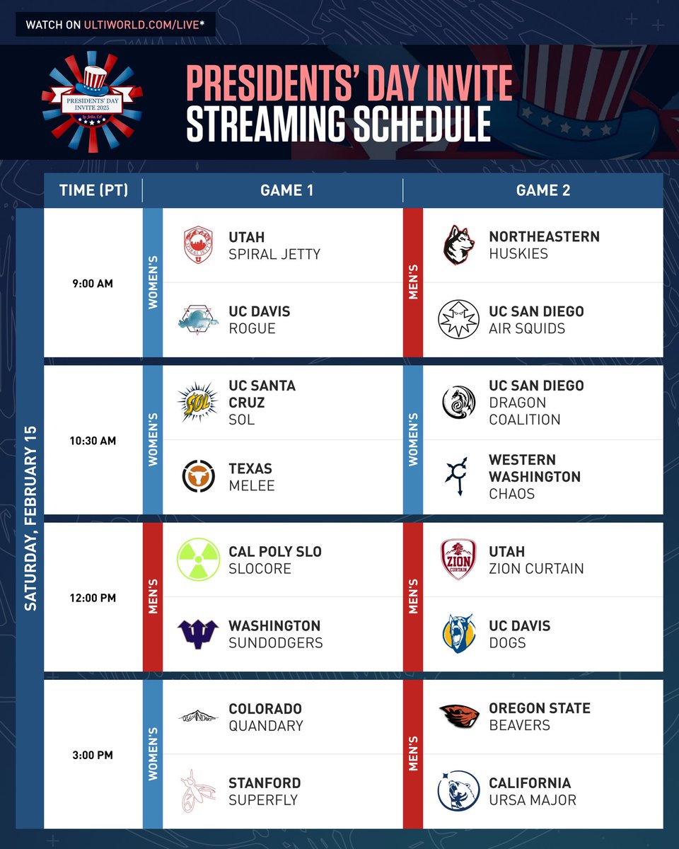Ultiworld's tweet image. Here is our Presidents’ Day Invite streaming schedule! 

Follow all the action at Ultiworld.com/live ⬇️