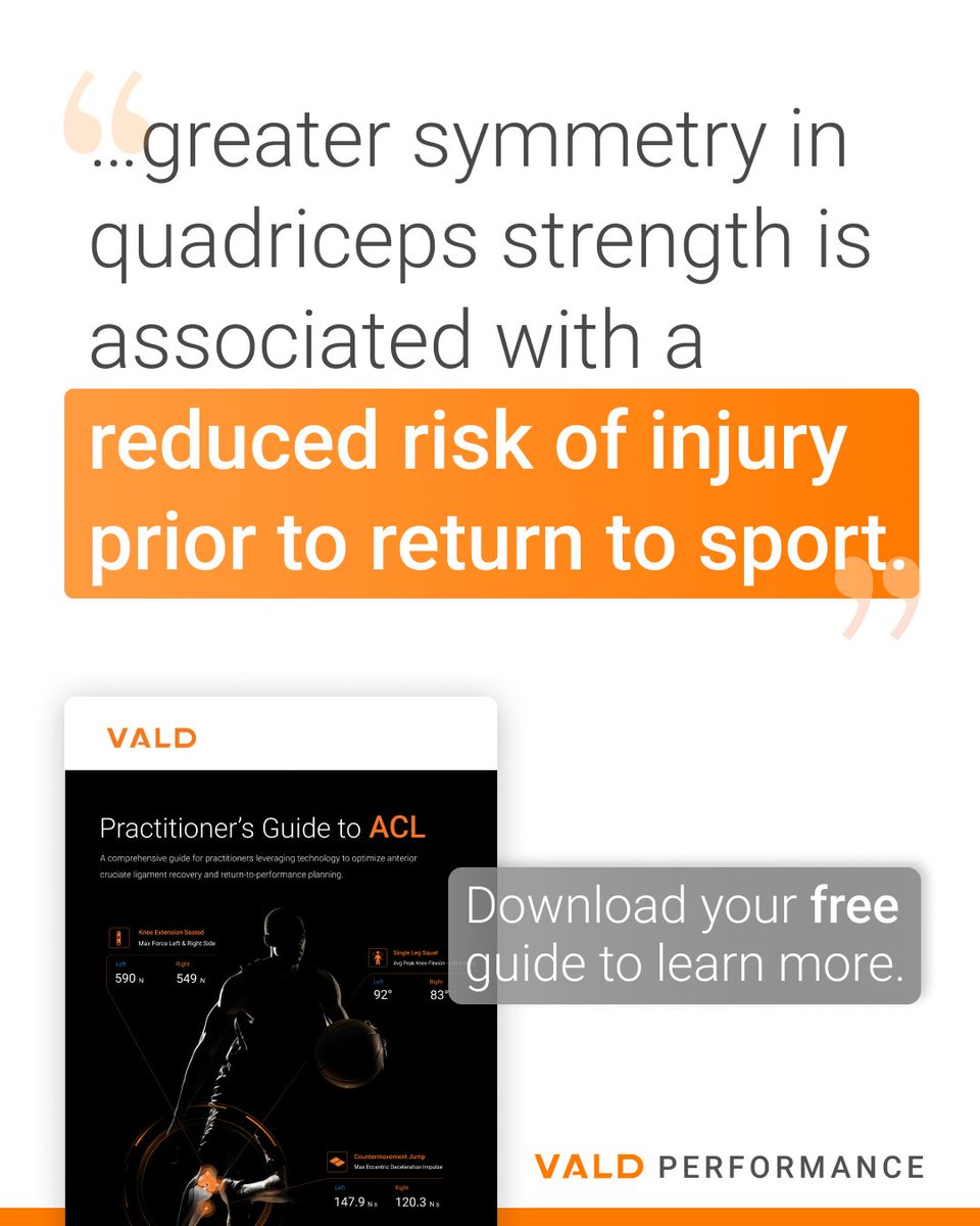 VALDPerformance's tweet image. Quadriceps strength deficits are common following ACLR, affecting knee function and increasing re-injury risk. Strength symmetry is key to improving mechanics, performance and long-term knee health. 

💡 Practitioner’s Guide to ACL by @paulread1010: bit.ly/3Q9E70R