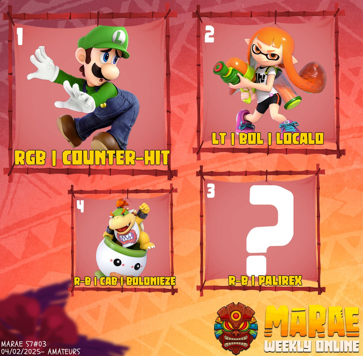 🐍 Marae - TOP 8 S7#03 🐍

1er : <a href="/WaynLK/">Wayn</a>
2ème : @Kira_raphael_
3ème : <a href="/Skyl_974/">KAIO | Skyl-974 🐟</a>
4ème : Kudo
5ème : <a href="/OneBrawl/">DnK | OneBrawl</a> &amp; <a href="/Steevethebatman/">Steeve98</a>
7ème : Liero &amp; <a href="/nallimuss/">Nallimuss</a>

🐍 Marae - TOP 4 Amateur 🐍

1er : <a href="/CounterHit_ssb/">RGB | Counter-Hit</a>
2ème : Localo
3ème : Palirex
4ème : <a href="/Bolonieze_SSBU/">R-B | Bôlonièze</a>

#MaraeWeekly 🐍