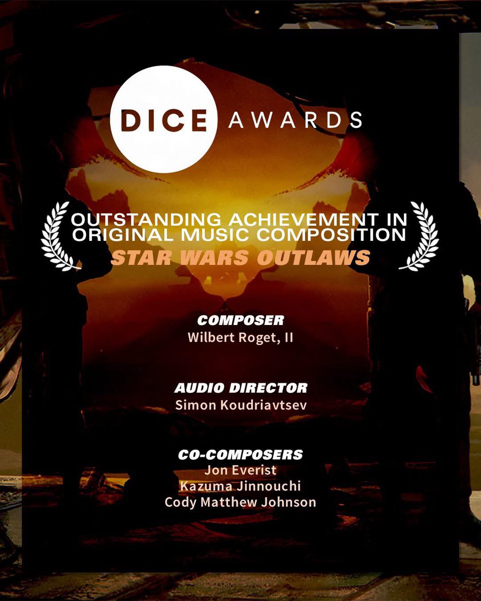 Cody Matthew Johnson 🔛 #StarWarsOutlaws (@codymatthewj) on Twitter photo .@starwarsoutlaws is nominated for Outstanding Achievement in Original Music Composition at the 28th Annual D.I.C.E. Awards @official_aias!
<a href="/WilbertRoget/">Will Roget</a> and myself will be at the D.I.C.E. Awards this Thursday, February 13th! If you’re in Vegas let’s celebrate together!! .@starwarsoutlaws is nominated for Outstanding Achievement in Original Music Composition at the 28th Annual D.I.C.E. Awards @official_aias!
<a href="/WilbertRoget/">Will Roget</a> and myself will be at the D.I.C.E. Awards this Thursday, February 13th! If you’re in Vegas let’s celebrate together!!