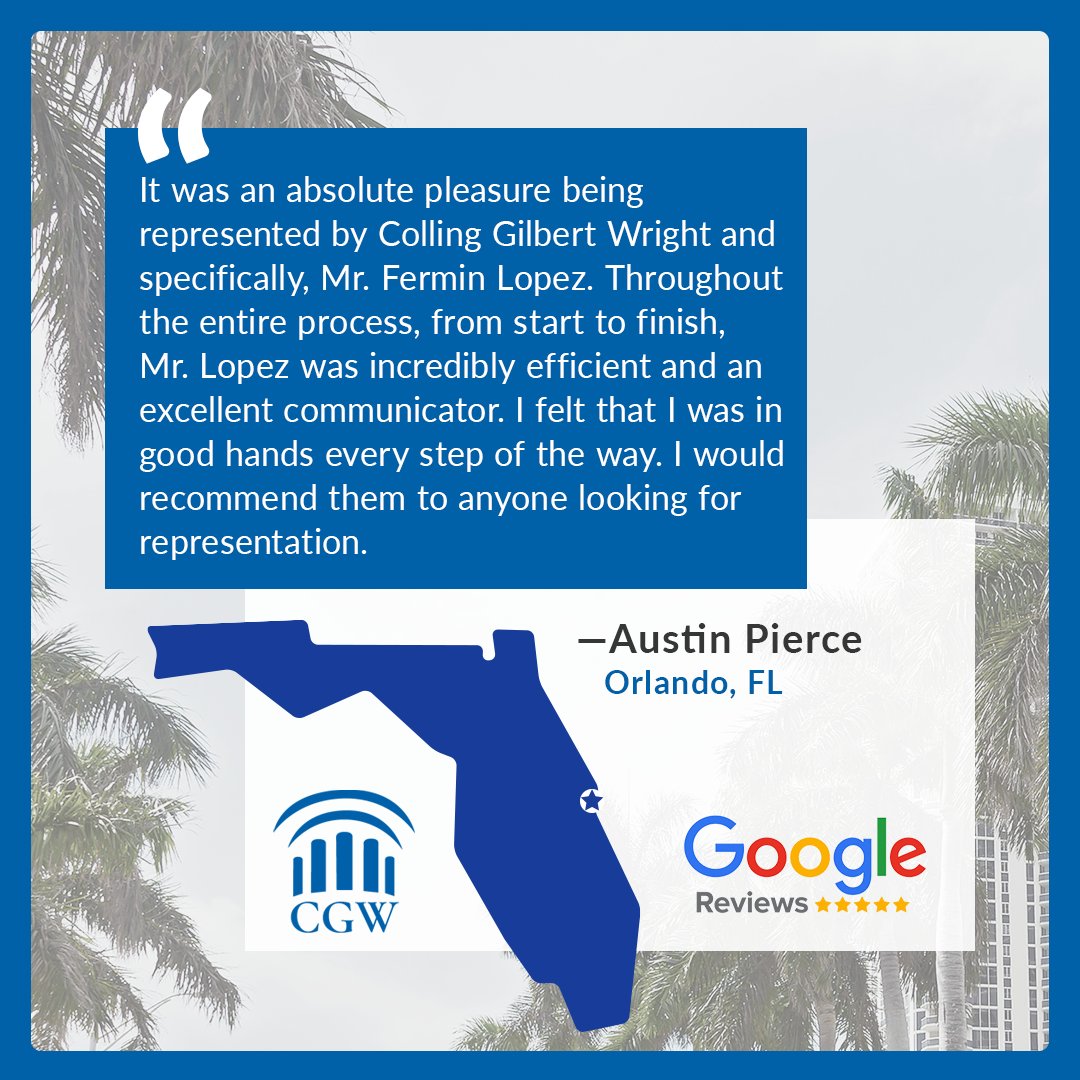 TheFLFirm's tweet photo. Austin, thank you for your thoughtful words about your experience with Fermin Lopez and our team! We’re honored to have earned your trust and provided the support you needed during this process.

#testimonial #clientexperience #thefloridafirm https://t.co/cMptv2Hai9