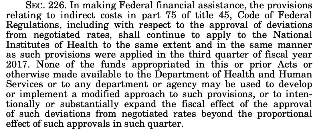 SolidEvidence's tweet photo. I didn't know this.  After Trump tried to cut NIH indirects in his first term congress added this appropriations rider to the budget to stop anyone from trying again.  The rider remains in effect today.

I'm not a lawyer, but this seems to be a pretty open and shut case.

https://t.co/nwsXXCCdmZ