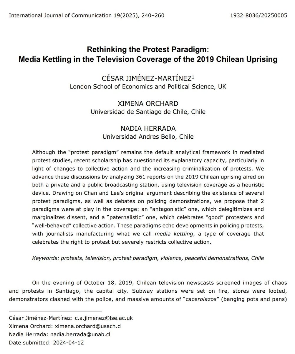 📢 Nuestra investigadora Ximena Orchard (<a href="/XimeOrch/">Ximena Orchard</a>) ha publicado "Rethinking the Protest Paradigm: Media Kettling in the Television Coverage of the 2019 Chilean Uprising" en International Journal of Communication, junto a César Jiménez-Martínez y Nadia Herrada.