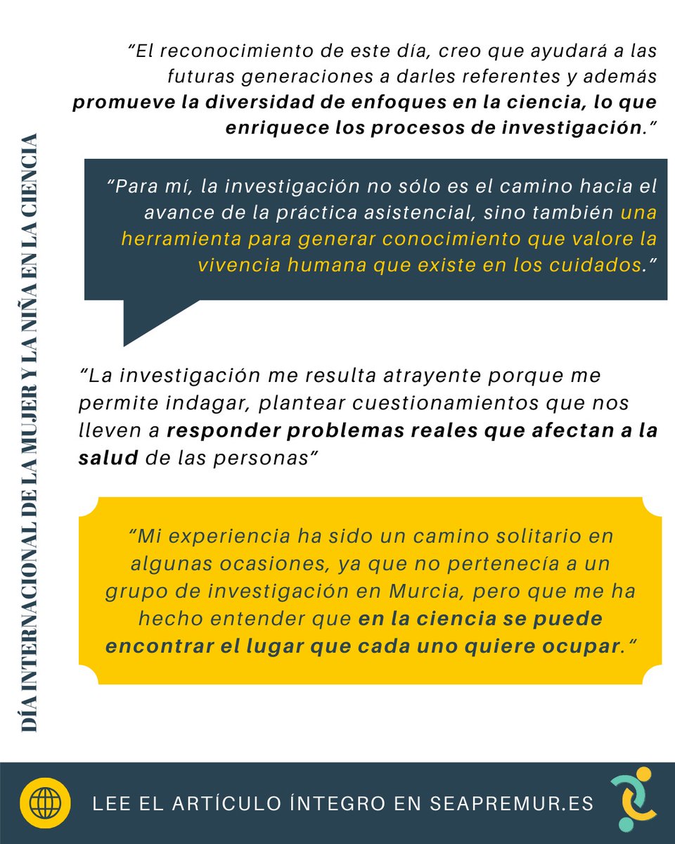 🔊Desde SEAPREMUR queremos dar a conocer a mujeres enfermeras científicas con motivo del #DiaInternacionaldelaMujerylaNiñaenlaCiencia👩‍🔬🎓
✅️Empezamos con Dra. María José Galiana <a href="/MJoGali/">Galiana_enfermera</a>
ℹ️Entrevista en seapremur.es/post/d%C3%ADa-…
#EFyC <a href="/faecap/">FAECAP +S</a>