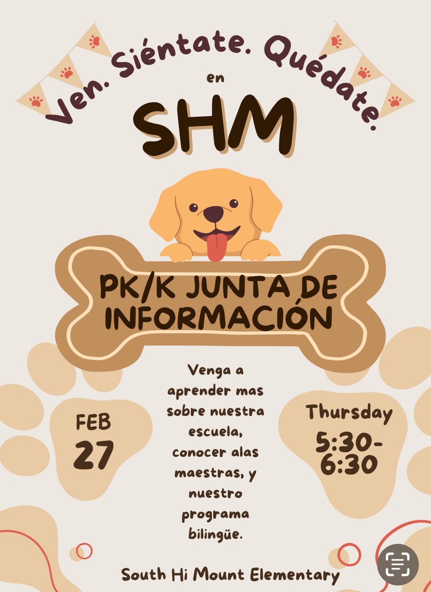 Want to hear more about PK and Kindergarten at South Hi Mount?  Come join us!  Please share with anyone who may be interested as well.  🐶🦴🐾