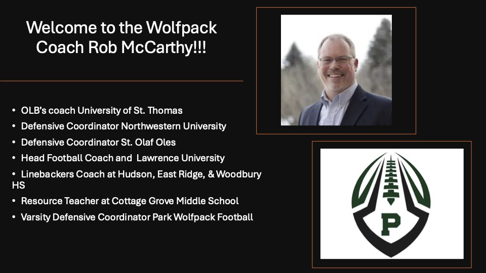 ParkWolfpackFB's tweet image. WE are excited to announce that Coach Rob McCarthy will be the next defensive coordinator for the Park Wolfpack Football program!!! #WeRunAs1 #ParkPride