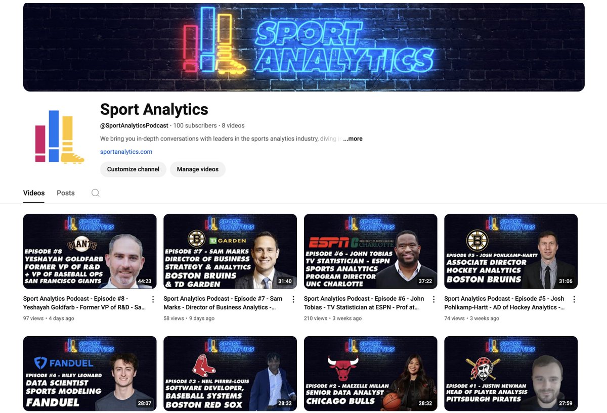 Thanks to everyone who helped the Sport Analytics Podcast reach our goal of 100 subscribers on YouTube! We also got a lot of new subscribers on Spotify and Apple the last couple weeks. Stay tuned for more incredible guests in the #SportsAnalytics industry! Our 9th episode will be