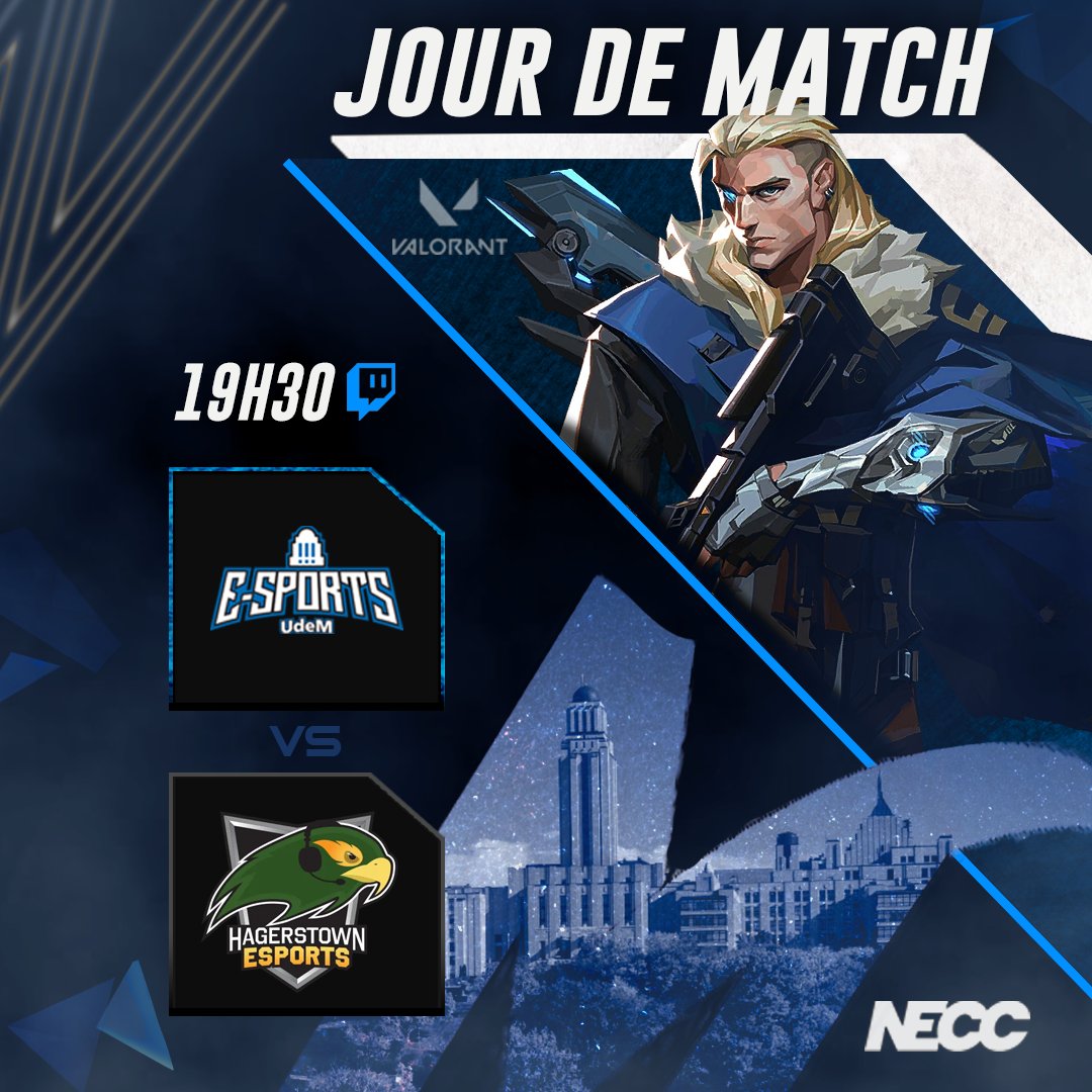 UdeM Esports (@udemesports) on Twitter photo ⚔️GAMEDAY VALORANT
La météo annonce tout un spectacle ce soir 👀
Team 1🆚 <a href="/UWaterlooGG/">Warriors Esports</a>
Team 2🆚 <a href="/HCCesports/">Heartland CC Esports</a>
🕘19H30
🎙️Solbo & <a href="/PlutotitoQC/">Plutotito</a>
#AllezLesBleus🔵⚪️🔵 ⚔️GAMEDAY VALORANT
La météo annonce tout un spectacle ce soir 👀
Team 1🆚 <a href="/UWaterlooGG/">Warriors Esports</a>
Team 2🆚 <a href="/HCCesports/">Heartland CC Esports</a>
🕘19H30
🎙️Solbo & <a href="/PlutotitoQC/">Plutotito</a>
#AllezLesBleus🔵⚪️🔵