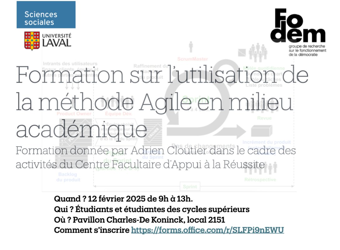 CLESSN (@clessn_ul) on Twitter photo Ce mercredi, de 9h à 13h, <a href="/CloutierAdrien/">Adrien Cloutier</a> présentera une introduction à la méthode de gestion de projet 'Agile'. Méthode très utile à apprendre pour les projets à long terme. 🗓️
C'est une formation à ne pas manquer ! Les places sont limitées : forms.office.com/r/SLFPi9nEWU Ce mercredi, de 9h à 13h, <a href="/CloutierAdrien/">Adrien Cloutier</a> présentera une introduction à la méthode de gestion de projet 'Agile'. Méthode très utile à apprendre pour les projets à long terme. 🗓️
C'est une formation à ne pas manquer ! Les places sont limitées : forms.office.com/r/SLFPi9nEWU