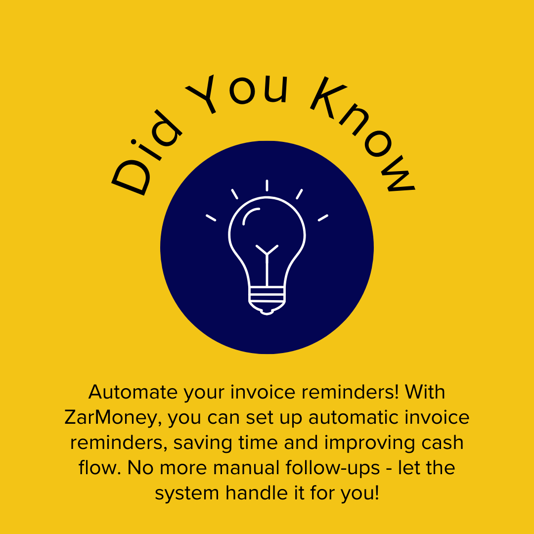 ZarMoneyUS's tweet photo. Automate your invoice reminders! With ZarMoney, you can set up automatic invoice reminders, saving time and improving cash flow. No more manual follow-ups - let the system handle it for you!

#ZarMoney #zarmoney #zarmoneyus #invoicing #advancedinventory #bookkeepingmadeeasy https://t.co/qjWNXJlAhg