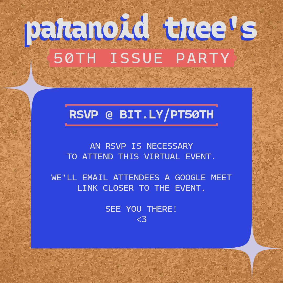 Paranoid Tree Press (@paranoidxtree) on Twitter photo We’re turning 50—issues old!
Since 2020, we’ve published 98 writers & artists across 16 countries, and mailed 5,000+ zines all over the world.
Come celebrate with us & our readers:
<a href="/CoCo4AfroPuffs/">✨💚Exodus Oktavia Brownlow💚✨</a>
@thefirstabigail
<a href="/judepickledplum/">Jude Potts ᓚᘏᗢ</a>
<a href="/alienspacebb/">Halee Kirkwood</a>
RSVP: bit.ly/pt50th 💌 We’re turning 50—issues old!
Since 2020, we’ve published 98 writers & artists across 16 countries, and mailed 5,000+ zines all over the world.
Come celebrate with us & our readers:
<a href="/CoCo4AfroPuffs/">✨💚Exodus Oktavia Brownlow💚✨</a>
@thefirstabigail
<a href="/judepickledplum/">Jude Potts ᓚᘏᗢ</a>
<a href="/alienspacebb/">Halee Kirkwood</a>
RSVP: bit.ly/pt50th 💌