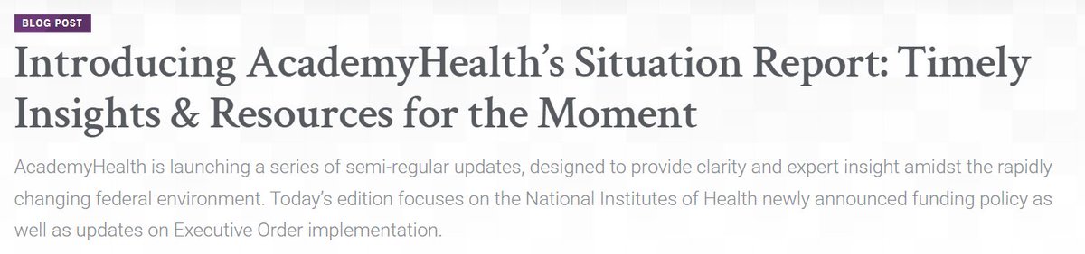 🚨 In light of recent federal shifts, AcademyHealth is rolling out updates to support our community with expert guidance on issues like NIH grant cuts and executive orders. Stay informed with us. academyhealth.org/blog/2025-02/i…