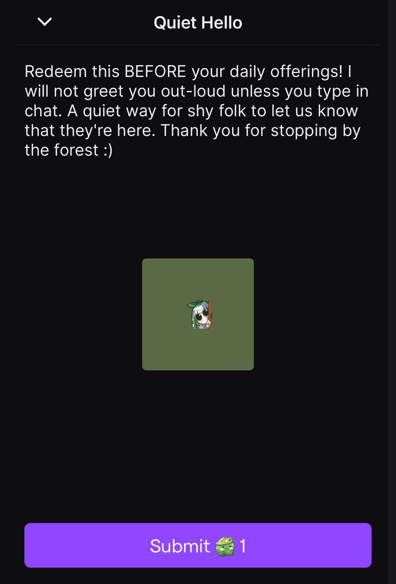 TOFIEmusic's tweet photo. I would really love to see more streamers implement a redeem for a quiet greeting… 🥹

I am shy and don’t often have the spoons to chat in streams, as kind as any attention is, so it’d be wonderful to have a way to quietly share that I’m there 🤍

Here is what mine looks like! https://t.co/OuFMvQV6uy