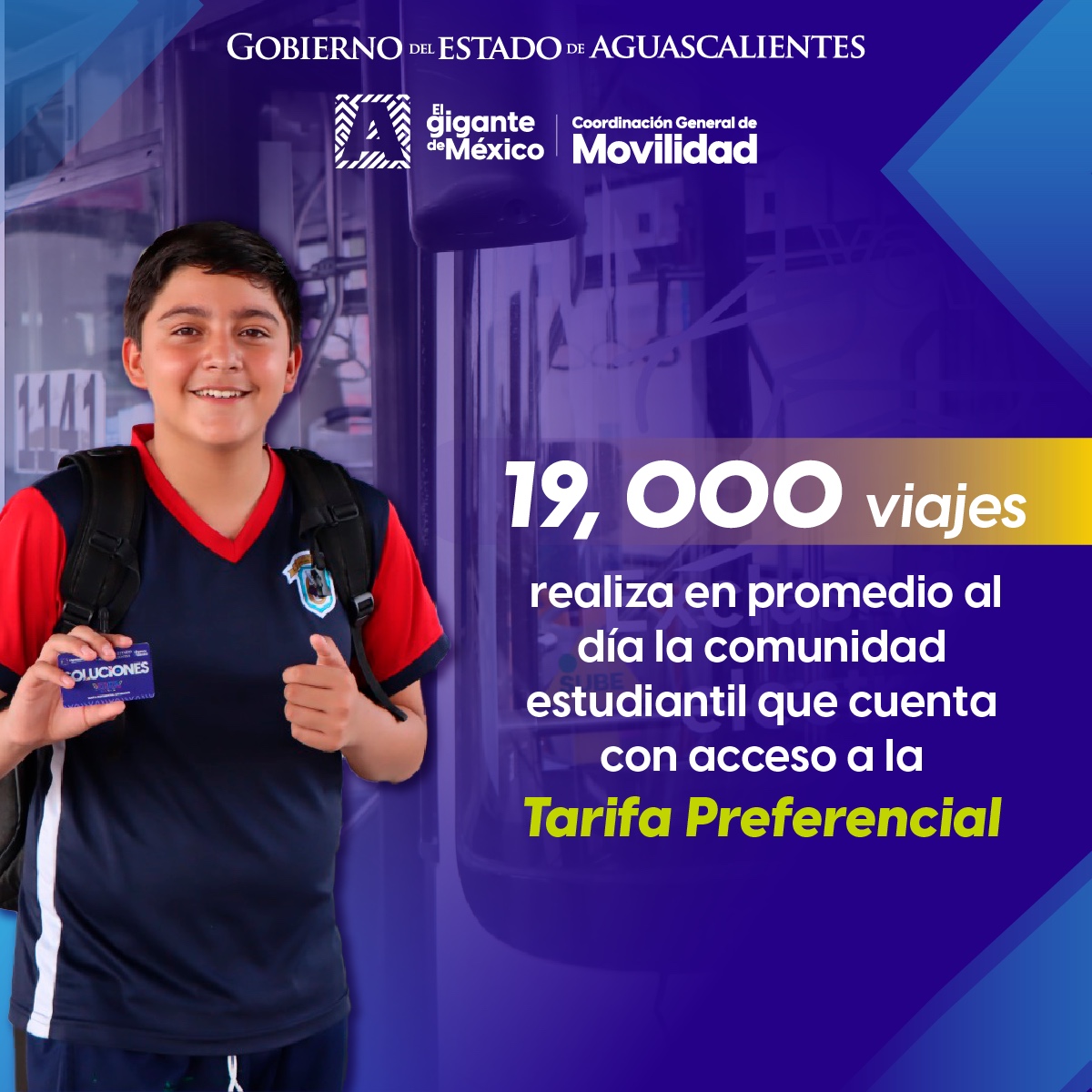 Miles de estudiantes se benefician con la Tarjeta YoVoy.

Esta tarjeta les brinda acceso a la tarifa preferencial en camiones urbanos, lo que permite a alumnos desplazarse a sus centros de estudios a un menor costo, beneficiando la economía de las familias de Aguascalientes.