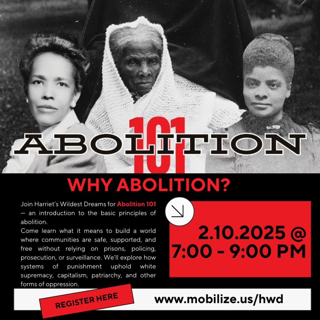 Join HWD TONIGHT AT 7PM for Abolition 101.
As prison abolitionists, we are fighting for a world 🌍 where the response to social problems does not include prisons, policing, prosecution, or any form of surveillance, supervision,
📆 Monday, February 10th
👉🏿 Mobilize.us/hwd