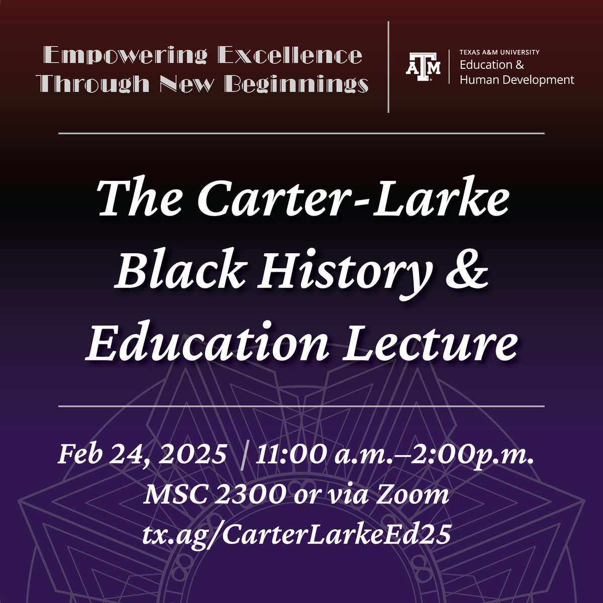 oin us in two weeks for our annual Carter-Larke lecture with keynote speaker and longtime teacher and coach Anthony Green. The lecture is on Monday, February 24, from 11 a.m. - 2 p.m. at MSC 2300 or online.

Register and learn more at tx.ag/CarterLarkeEd25.