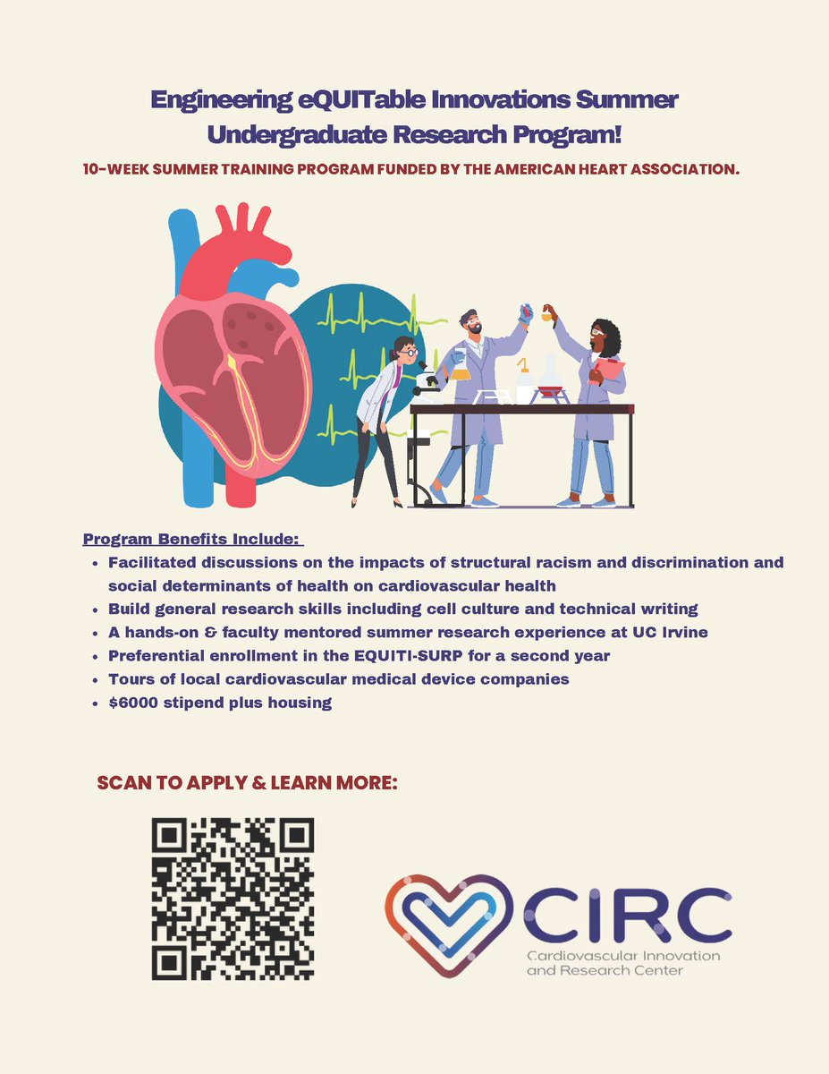 Edwards Lifesciences Cardiovascular Center (@edwardscirc_uci) on Twitter photo 🎉Our 10-week, paid, EQUITI-SURP undergraduate summer research program is back! Explore cardiovascular health, gain hands-on experience in cell culture & technical writing. Both UCI and non-UCI students are encouraged to apply! Extended deadline: Feb 28th! <a href="/CheslerLab/">Naomi Chesler</a> <a href="/uci_bme/">UC Irvine BME</a> 🎉Our 10-week, paid, EQUITI-SURP undergraduate summer research program is back! Explore cardiovascular health, gain hands-on experience in cell culture & technical writing. Both UCI and non-UCI students are encouraged to apply! Extended deadline: Feb 28th! <a href="/CheslerLab/">Naomi Chesler</a> <a href="/uci_bme/">UC Irvine BME</a>