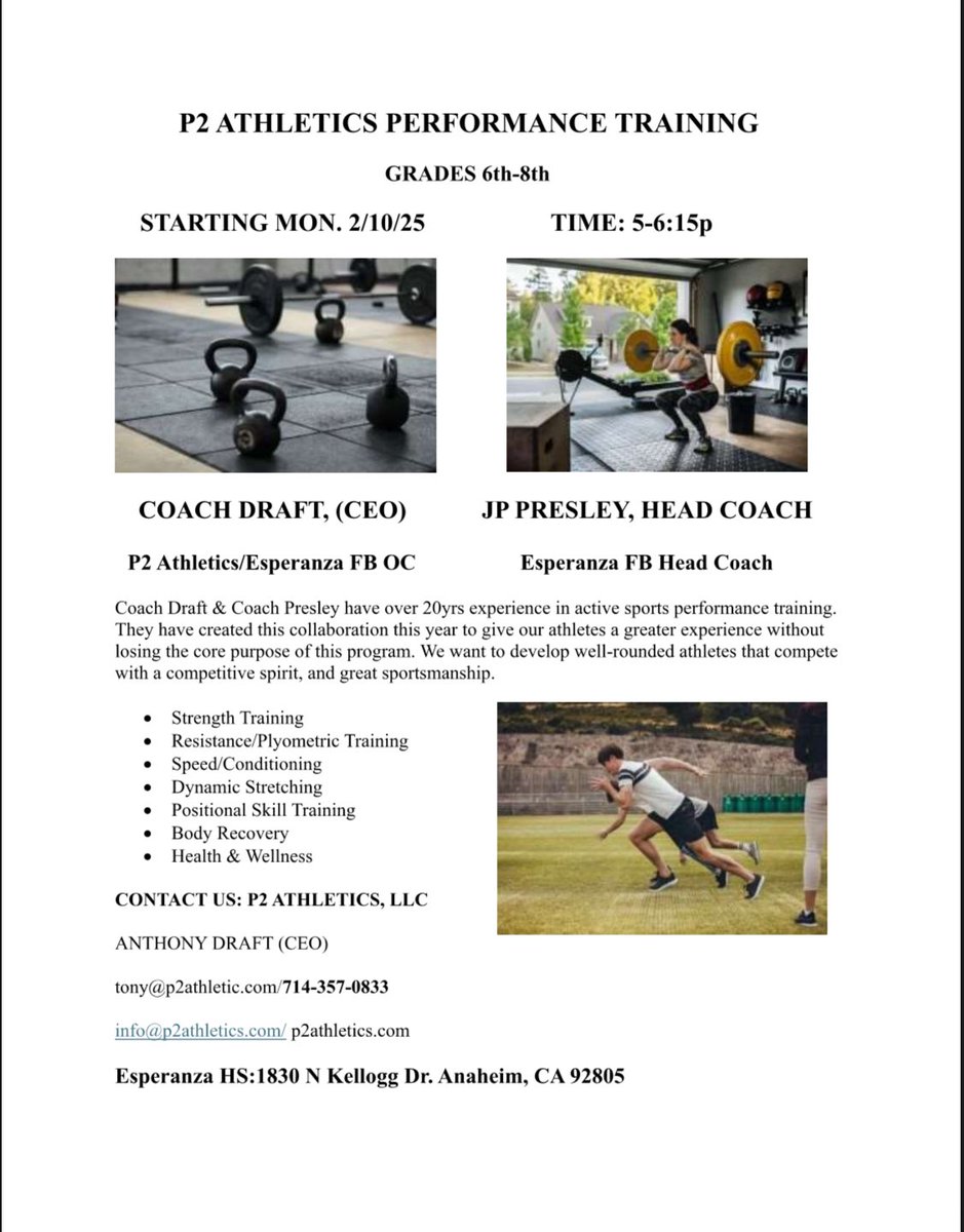 P2 ATHLETICS, LLC (@p2athleticspp) on Twitter photo 6th, 7th, & 8th grade sign ups on site at Esperanza HS weight room. <a href="/P2ATHLETICSPP/">P2 ATHLETICS, LLC</a> & <a href="/EHS_Aztecs_FB/">Esperanza Football</a> collaboration. Mon, Wed, & Fri. 5-6:15p. Signing up today gives you 3 intro workouts plus the full program series that starts Monday Feb. 17th <a href="/Jfelix_3/">Joe Felix 3</a> 6th, 7th, & 8th grade sign ups on site at Esperanza HS weight room. <a href="/P2ATHLETICSPP/">P2 ATHLETICS, LLC</a> & <a href="/EHS_Aztecs_FB/">Esperanza Football</a> collaboration. Mon, Wed, & Fri. 5-6:15p. Signing up today gives you 3 intro workouts plus the full program series that starts Monday Feb. 17th <a href="/Jfelix_3/">Joe Felix 3</a>