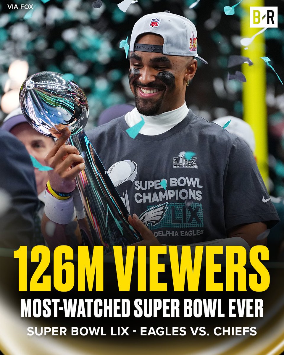 BleacherReport's tweet image. Eagles-Chiefs drew the MOST Super Bowl views ever 🔥

126M VIEWERS ‼️

(via @FOXSportsPR)