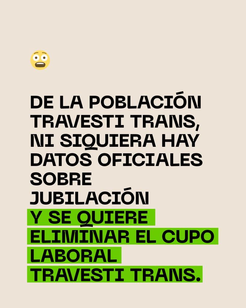 ⏰La moratoria previsional vence el 23 de marzo.

❌9 de cada 10 mujeres no van a poder jubilarse por no reunir los 30 años de aportes.

😨 De la población travesti trans, ni siquiera hay datos oficiales sobre jubilación y se quiere eliminar el cupo laboral travesti trans.