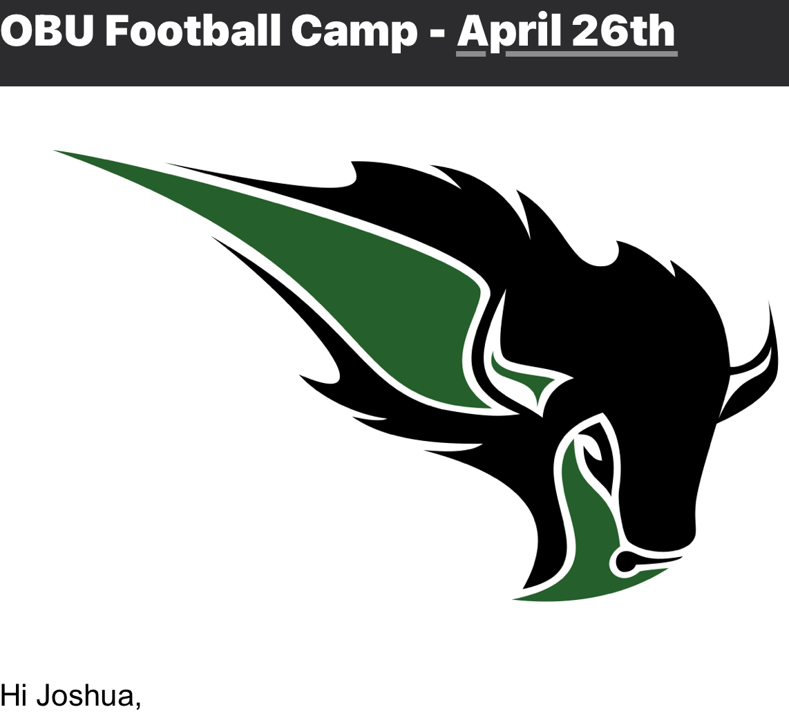 Thanks <a href="/OBUCoachJensen/">Chris Jensen</a> for the camp invite <a href="/JakeCorbin/">Jake Corbin</a> <a href="/CoachBradClark/">Brad Clark</a> <a href="/Coach_RustyHall/">Rusty Hall</a>