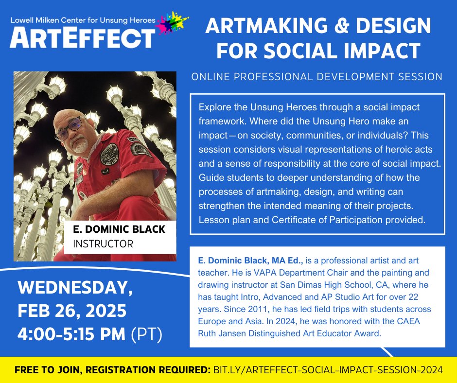 ATTN ALL EDUCATORS! We're inviting you all to a free online session with <a href="/arteffectlmc/">ARTEFFECT</a> to explore Artmaking and Design for Social Impact on Wednesday, February 26 at 4pmPT. Support students in understanding the positive and profound social impact that Unsung Heroes made on the