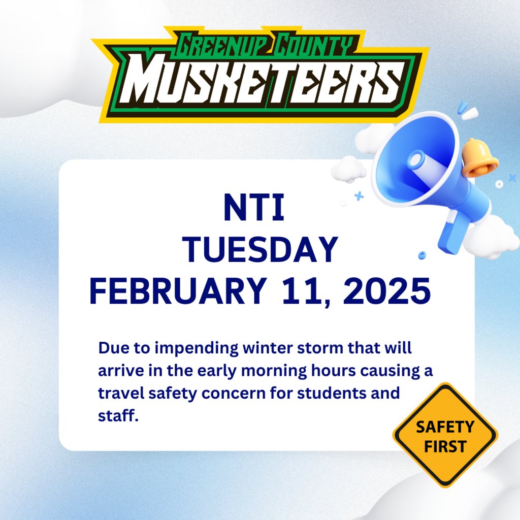 Greenup County High School (@gchsmusketeers) on Twitter photo Our team has been monitoring the weather forecast for several days. As much as we hoped, this storm is not likely to miss us.  Please be alert for our updates this week as we navigate this next round of weather.  Tomorrow will be an NTI Day.   Stay safe and warm. #BelieveInGC Our team has been monitoring the weather forecast for several days. As much as we hoped, this storm is not likely to miss us.  Please be alert for our updates this week as we navigate this next round of weather.  Tomorrow will be an NTI Day.   Stay safe and warm. #BelieveInGC