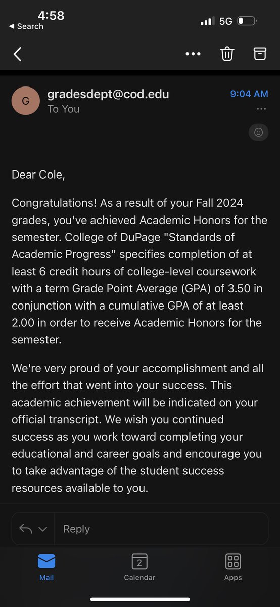 Student first 4.0 gpa last semester